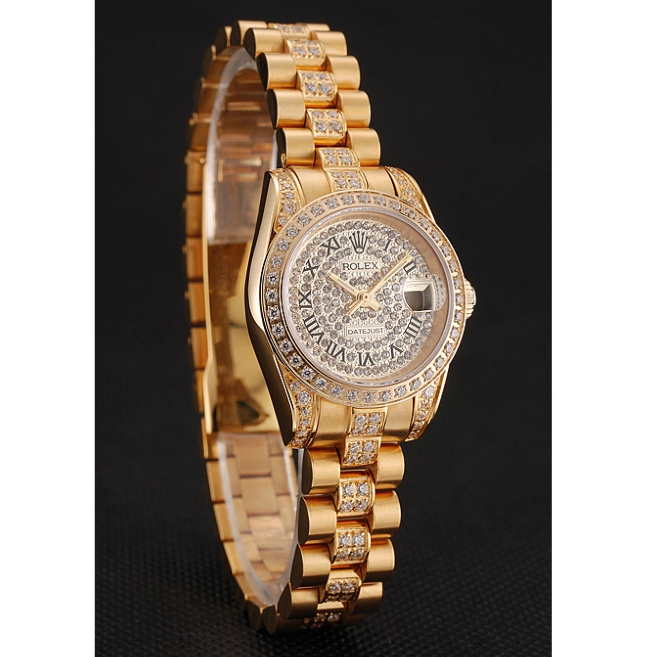 Aaa replica watch Swiss Dial Gold Diamond Rolex 1453955 DayJust Pave Bracelet Diamond 0629